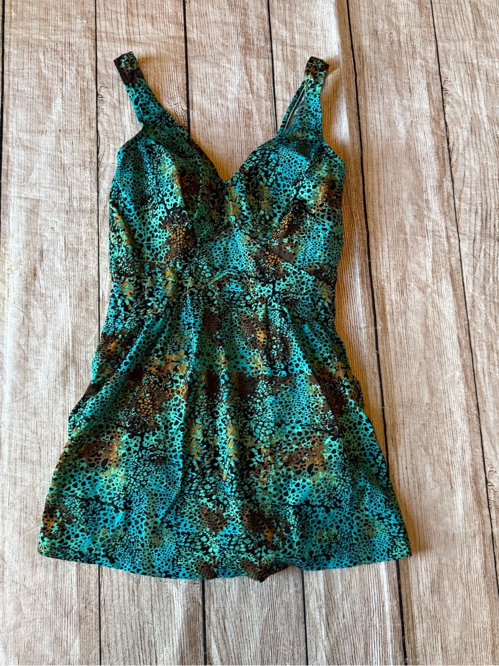 Maxine Of Hollywood Full Lined One Piece Skirt Swim Suit Beach Boho Animal Print